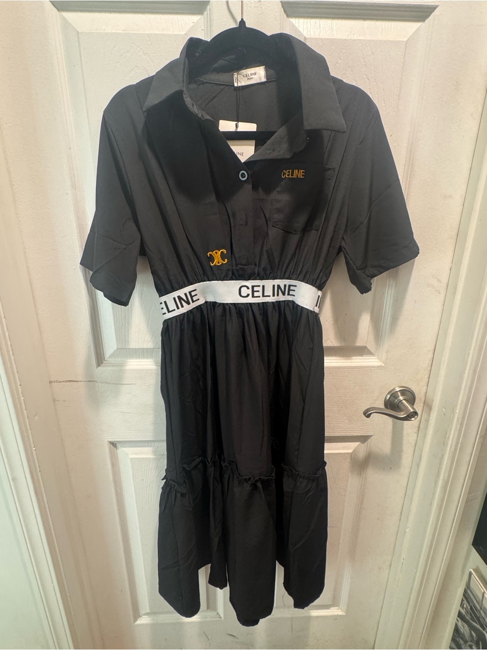 Celine Black Polo Dress with White Branded Waistband and Gold Logos